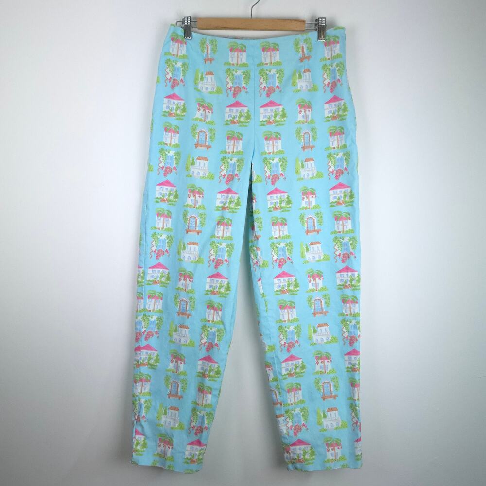 Talbots Vintage Flat Front Side Zip Angle Length Pants Blue Cottage Print Sz 14